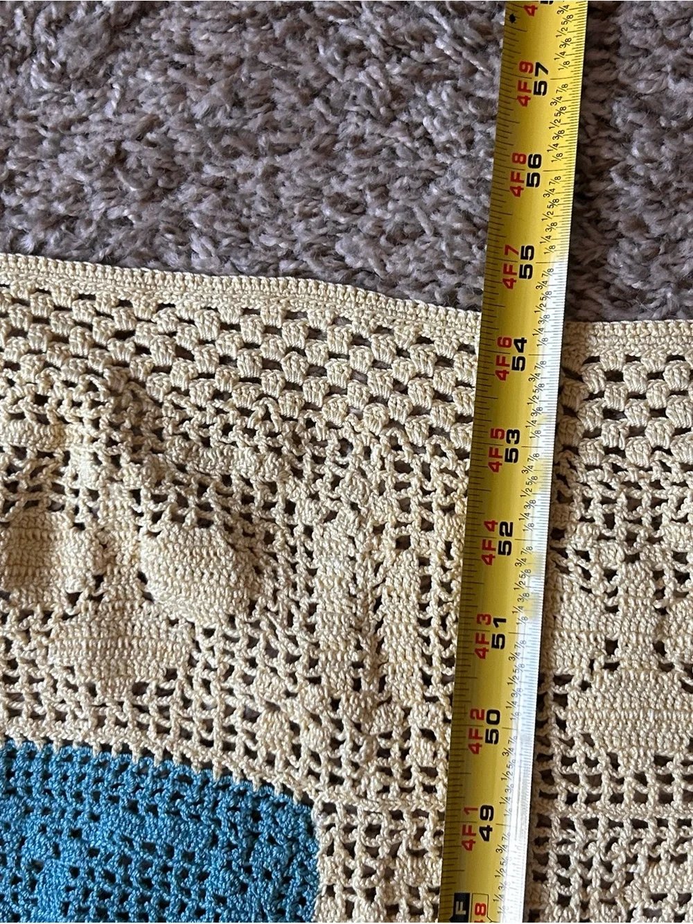 Vintage Handmade Cream and Blue Crochet rectangle tablecloth